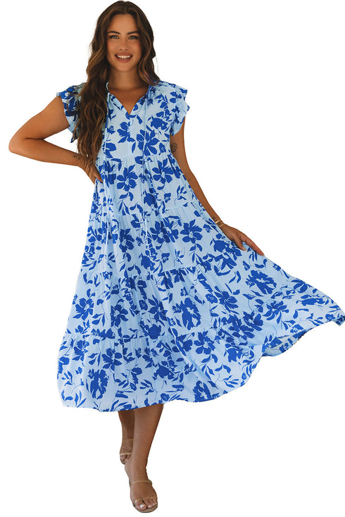 Floral Print Tiered Frilled Trim Flutter Sleeve Maxi Dress